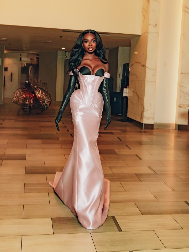 May be an image of dress, gown and text