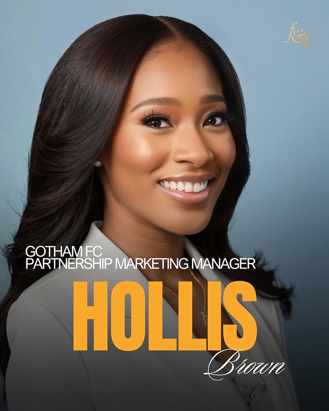 May be a graphic of ‎one or more people, hair, makeup, poster, magazine and ‎text that says '‎أها GOTHAMFC PARTNERSHIP MARKETING MANAGER HOLLIS Brown‎'‎‎