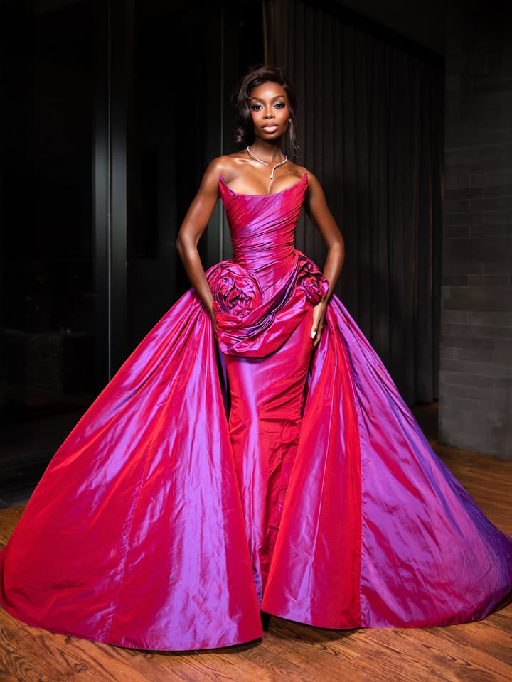 May be an image of gown, dress and text