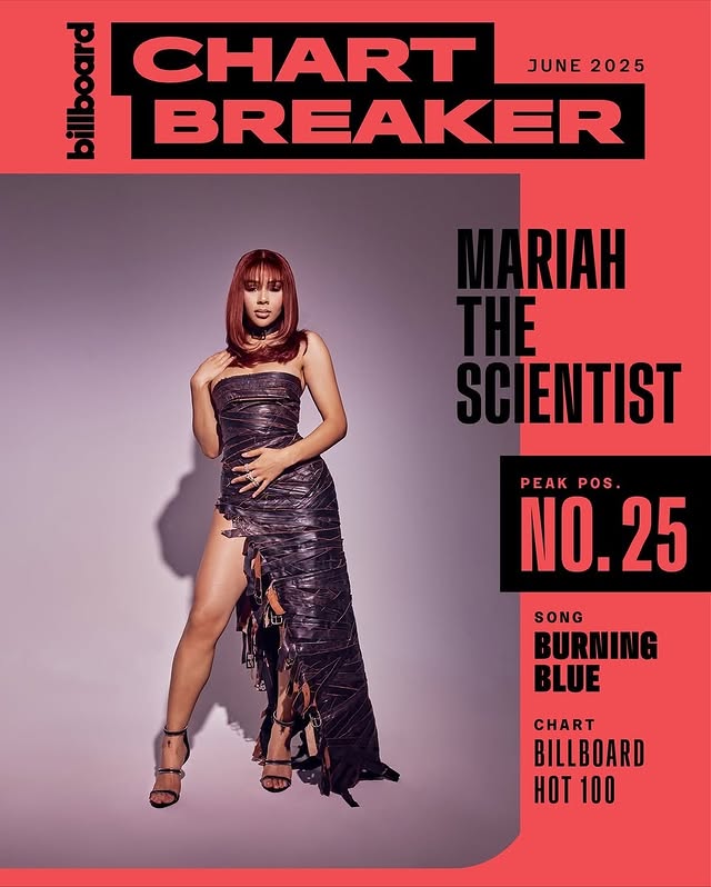 May be an image of magazine, poster and text that says 'Moer CHART JUNE2025 JUNE 2025 BREAKER ENTIST PEAK PEAKPOS POS NO. 0.25 SONG BURNING BLUE BILLBOARD HOT100 HOT 100'