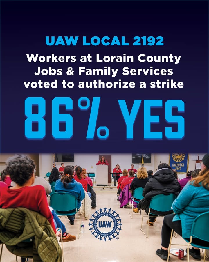 May be an image of standing, office and text that says 'UAW LOCAL 2192 Workers at Lorain County Jobs Family Services voted to authorize a strike 86% YES REGION 4문 UAW UAW'