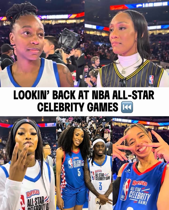 May be an image of ‎basketball, basketball jersey, magazine and ‎text that says '‎LOOKIN' BACK AT NBA ALL-STAR CELEBRITY GAMES K 中用染 商間色 NLLSTAR/ CEEBRYE 5 হয়ाड ALL-STAR- اك GELEBRITY CAИE 3 RuFFLES ALL-STAR OTIERDITA RUFFLES ALL STAR حهب CELEBRITY MAW GAME‎'‎‎