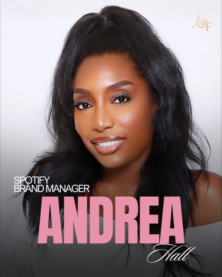 May be an image of one or more people, makeup, poster, magazine and text that says 'ចែទ SPOTIFY BRAND BRANDMANAGER MANAGER ANDREA Hall'