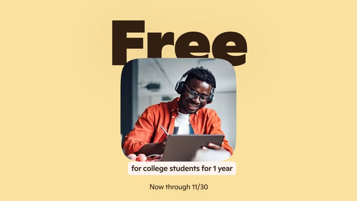 Smiling young man at a table using a tablet with headphones on, under the word “Free” on a yellow background.​