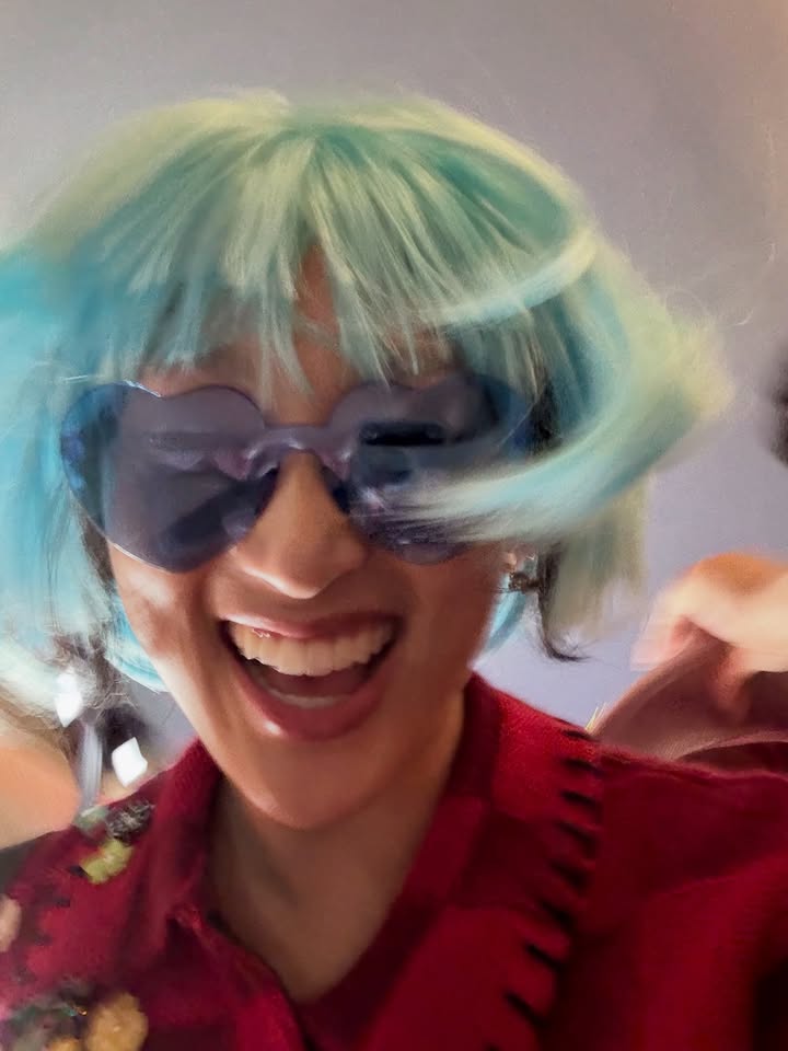 May be a selfie of one or more people, bangs, makeup, eye patch, glasses and text