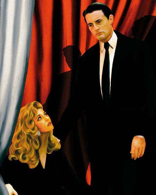 May be pop art of poster, dinner jacket, curtains and text