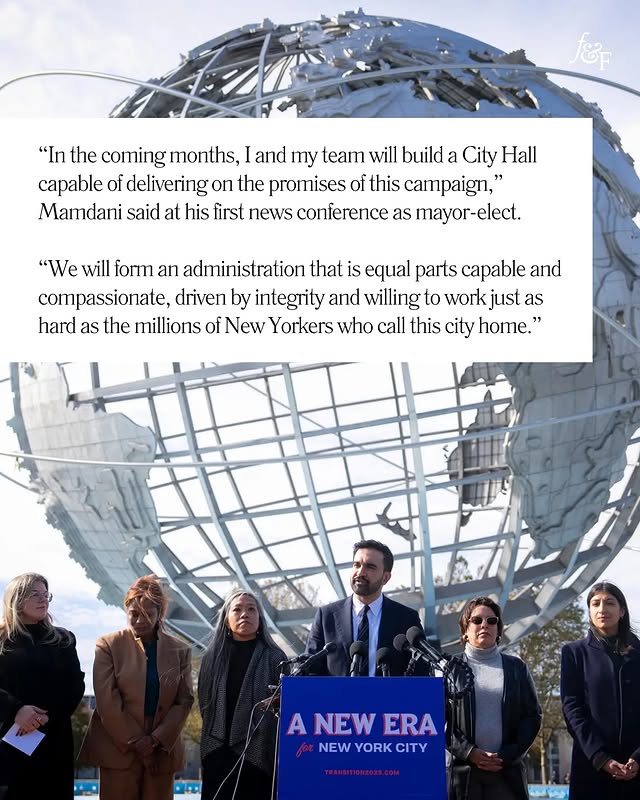 May be an image of one or more people, people standing, magazine, poster, newspaper, suit, office and text that says '៥តែត "In the coming months, and my team will build City CityHall Hall capable of delivering on the promises of this campaign," Mamdani said at his first news conference as Tayor mayor-elect. elect. "We will form an administration that is equal parts capable and compassionate, driven by integrity and willing to work just as hard as the millions of ofNew Yorkers who call this city home." A NEW ANEWERA ERA NEW NEWYORKCITY YORK NEWYORK CITY'