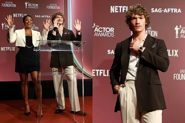 May be an image of one or more people, people standing, suit, carpet and text that says 'FOUNDATION ACTOR AWARDS SAG-AFTRA FOUNDATION NETFLIV SAG-AFTRA SAG TAG-R JATION AC AVA NETF! SAG-AFTRA THE ACTOR AWARDS NETFLIX HA TION SA LIX ETFLI' SAG FOUN'