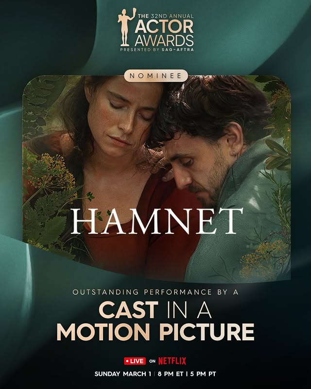 May be an image of poster, costume and text that says 'THE 32ND 32NDA ANNUAL ACTOR AWARDS PRE PRESENTED 5E SENTED BY SAG-AFTRA PRESENTEDBYSAG-AFTRA SAG- NOMINEE MI N MIN 4 MT OUTSTAND NG PERFORMANCE BY BYA A CAST IN A MOTION PICTURE •LIVE ON NET NETFLIX SUNDAY MARCH1 8 PM T 5 PM PT'