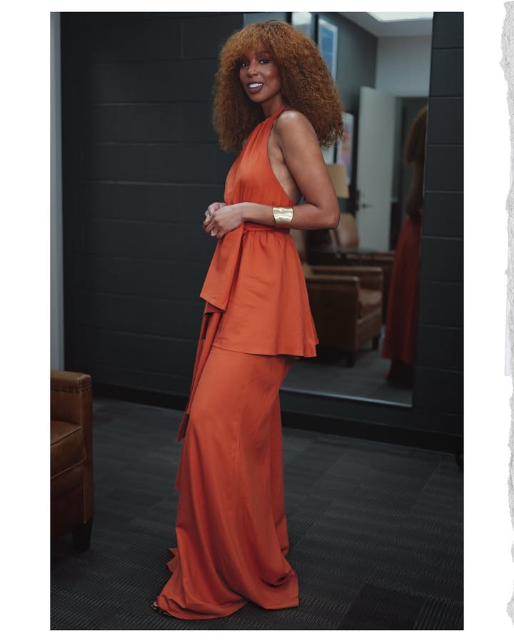 May be an image of gown, halter top, dress, overskirt and text