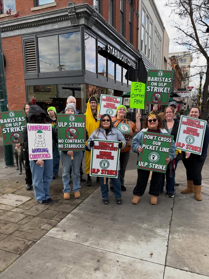 May be an image of standing, poster, banner and text that says 'STARBUCKSTOFES STAINCSO COFFEE นนนา BARISTAS GO ON ULP 0 STRIKE! COFFEE PERK BARISTAS ULP STRIKF UNBERRABLE ULP STRIKE NO CONTRACT, NO STARBUCKS! WORKING GONDITIONS BUSTINGI BUSTI DON'T CROSS PCKET PICKETLINE LINE OUR ULP 品 STRIKE ULP STRIKE'