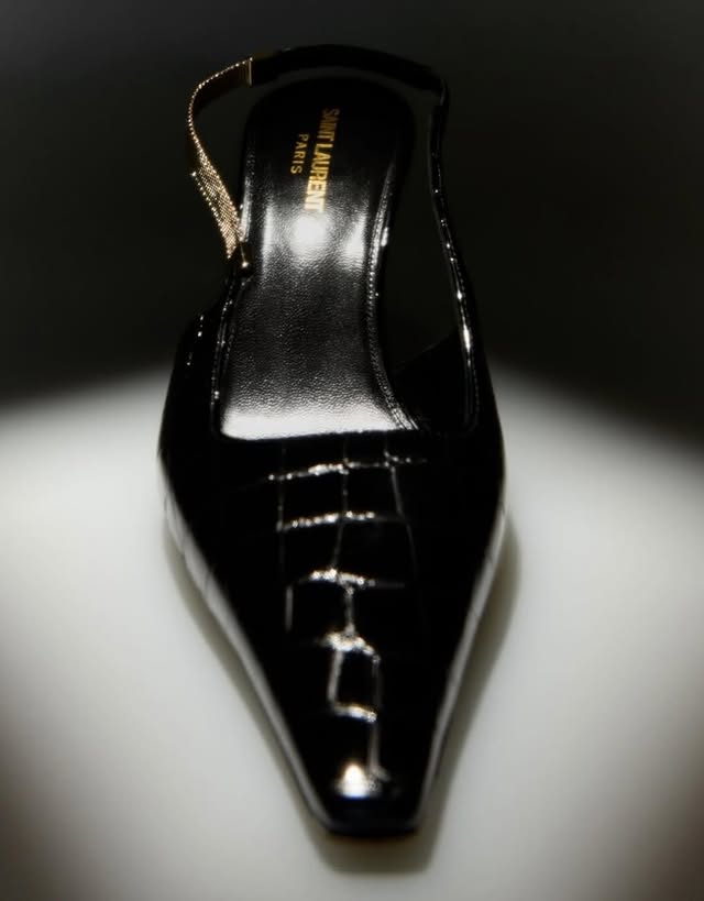 May be an image of leather, high-heeled shoes, slingback shoes, sandals and text