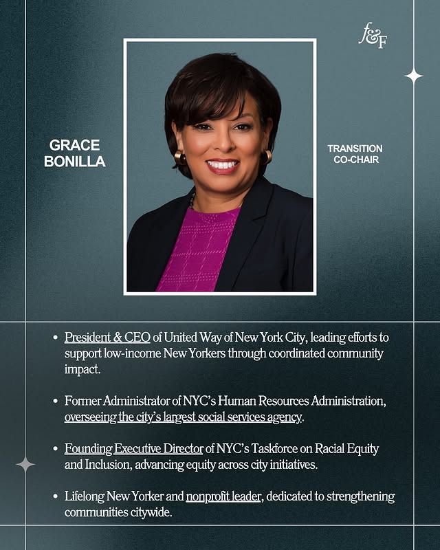 May be a Twitter screenshot of one or more people, magazine, poster and text that says '& GRACE BONILLA TRANSITION CO-CHAIR President & EO of United Way ofNew York City, leading efforts to support low-income New Yorkers through coordinated community impact. Former Administrator of NYC's] Human Resources Administration, overseeing the city' largest social services •Founding Execu tive Director fNYC's of NYC's Taskforce on Racial Equity and Inclusion, advancing equity across city initiatives. •Lifelong New Yorker and nonprofit leader, dedicated to strengthening communities citywide.'