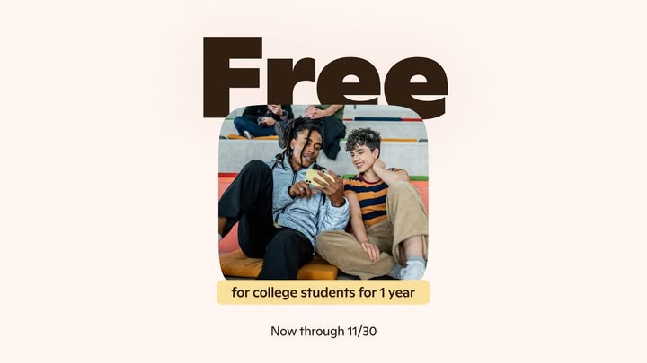 Two people sitting on bleachers looking at a phone, with “Free” above them on an oat-colored background.