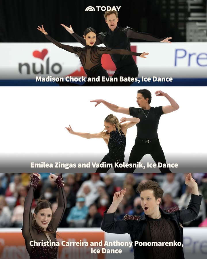 May be an image of skates, dancing and text that says 'TODAY nulo Madison Chock and Evan Bates, Ice Dance Pre Emilea Zingas and Vadim Kolesnik, Ice Dance ChristhaCareianAntonop Christina Carreira and Anthony Ponomarenko, Ice Dance'