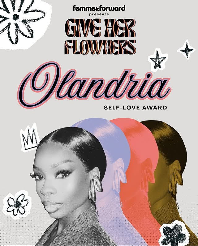 May be pop art of magazine, poster, flower and text that says '不 femmerforward presents GIVE EHER FLOWHERS Olandria ndria SELF-LOVE AWARD M'