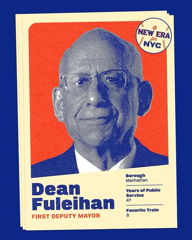May be an illustration of poster, magazine and text that says 'NEW a 245 ዩልኒካ for ERA NYC Ca Borough Manhattan Years of Public Service 47 Dean Fuleihan FIRST DEPUTY MAYOR Favorite Train 6'