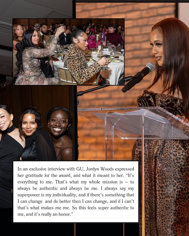 May be an image of one or more people, magazine, carpet and text that says 'In an exclusive interview with GU, Jordyn Woods expressed her gratitude for the award, and what meant to her. "It's everything to me. That's what my whole mission is to always be authentic and always be me. always say my superpower my individuality, and there' something that I can change and do better then can change, and fl can't that's what makes me me. So this feels super authentic to me, and it's really an honor."'