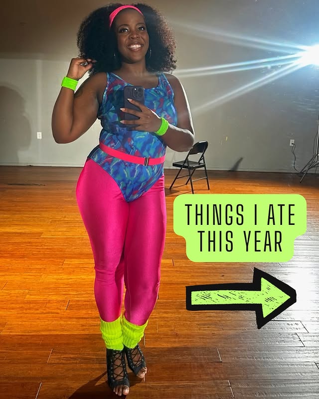 May be an image of dancing, sweat band, jumpsuit, costume and text