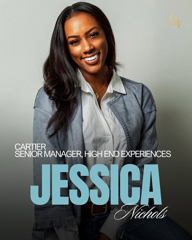 May be an image of ‎one or more people, people smiling, poster, magazine and ‎text that says '‎ات CARTIER SENIOR SENIORMANAGER, MANAGER, HIGH END EXPERIENCES JESSICA Nichols‎'‎‎