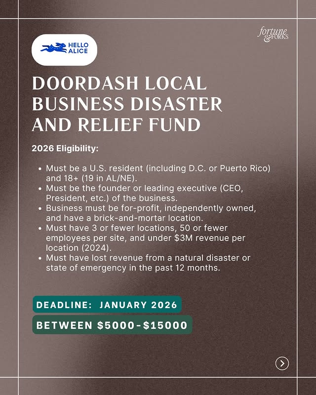 May be a graphic of poster, card, magazine and text that says 'HELLO ALICE poAиKB DOORDASH LOCAL BUSINESS DISASTER AND RELIEF FUND 2026 Eligibility: Must be U.S. resident (including D.C. or Puerto Rico) and 18+ (19 in AL/NE). Must be the founder or leading executive (CEO, President, etc.) of the business. Business must be for for-profit, independently owned, and have brick-and-mortar location. ·Must have 3 or fewer locations, 50 or fewer employees per site, and under $3M revenue per location (2024). Must have lost revenue from a natural disaster or state of emergency in the past 12 months. DEADLINE: JANUARY 2026 BETWEEN $5000-$15000'