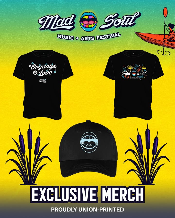 May be a graphic of ‎hat, poster and ‎text that says '‎Mad Soul MUSIC + ARTS FESTIVAL Organize & Love MANYAS ٢ت( 前式 Eゴ Mad moSont S Soll IAMiCI EXCLUSIVE MERCH PROUDLY UNION-PRINTED‎'‎‎