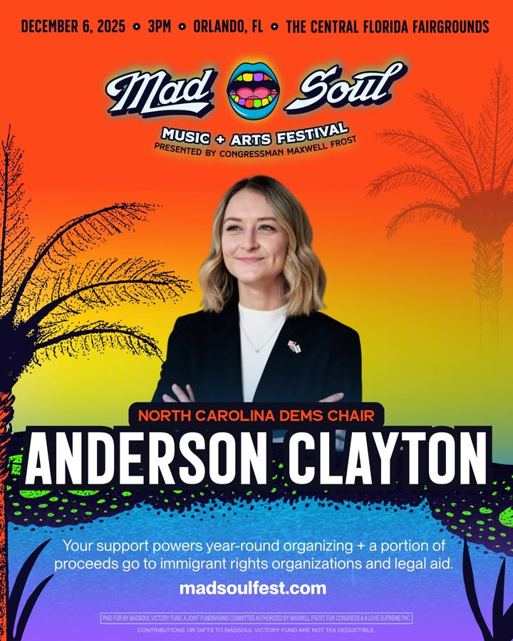 May be an image of one or more people, magazine, poster and text that says 'DECEMBER 6, 2025 • 3PM # ORLANDO,F THE CENTRAL FLORIDA FAIRGROUNDS Mad Soul MUSIC + ARTS FESTIVAL FROST PRESENTED BY CONGRESSMAN MAXWELL NORTH CAROLINA DEMS CHAIR 百 ANDERSON CLAYTON R30 Your support powers year- year-round organizing + a portion of proceeds go to immigrant rights organizations and legal aid. madsoulfest.com BEOTEBLETATRA NORAISINGCOMN WTHDBIWLNTOEAE XCEDUCTIBLE.'
