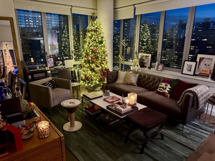 May be an image of christmas tree, sofa, living room and text