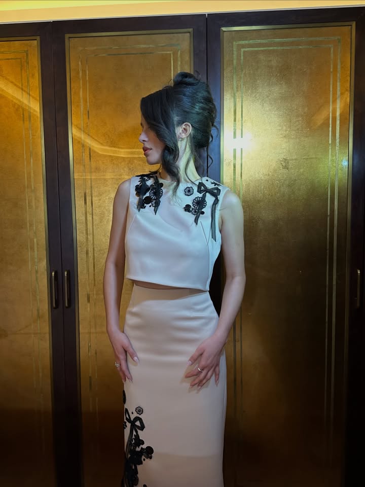 May be an image of gown, dress and text