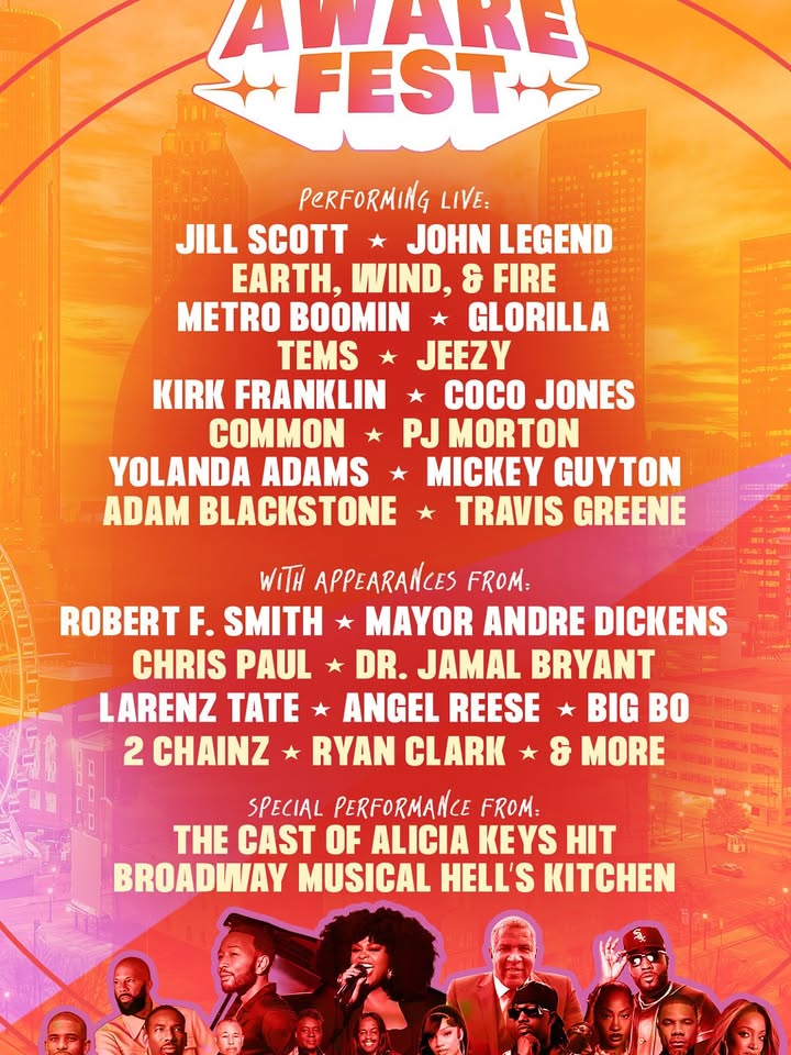 May be an image of poster, magazine, crowd and text that says 'AVARE FEST PeRFORMING LIVE: JILL SCOTT JOHN LEGEND EARTH, WIND, & FIRE METRO BOOMIN GLORILLA TEMS JEEZY KIRK FRANKLIN COCO JONES COMMON PJ MORTON YOLANDA ADAMS MICKEY GUYTON ADAM BLACKSTONE TRAVIS GREENE APPEARANCES FROM: ROBERT F. SMITH MAYOR ANDRE DICKENS CHRIS PAUL DR. JAMAL BRYANT LARENZ TATE ANGEL REESE BIG Bo 2 CHAINZ RYAN CLARK & MORE SPECIAL PERFORMANCE FROM: THE CAST OF ALICIA KEYS HIT BROADWAY MUSICAL HELL'S'