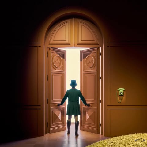 May be a cartoon of bowler hat, door, hallway and text