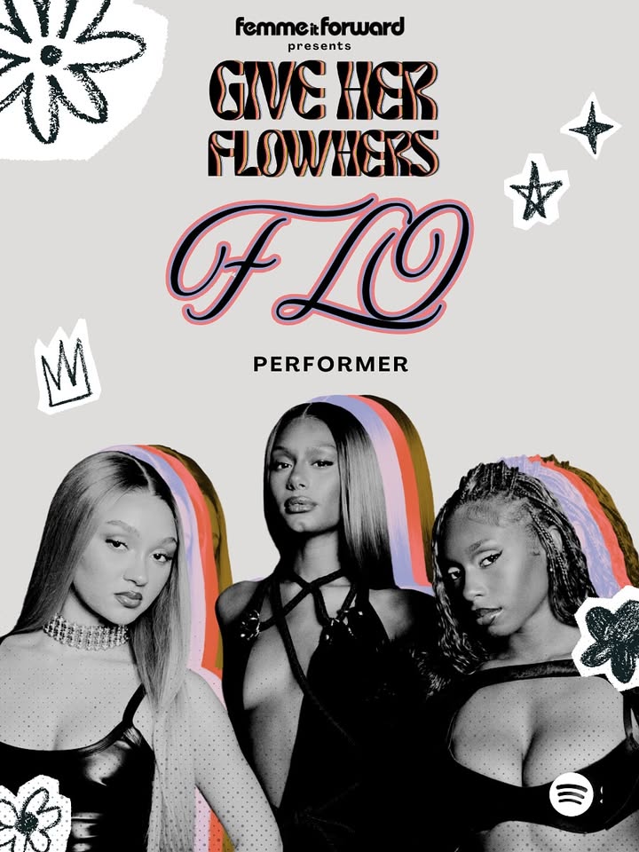 May be pop art of magazine, poster and text that says 'び femmerforward presents GIVE IVEHER HER FLOWHERS of LO PERFORMER'