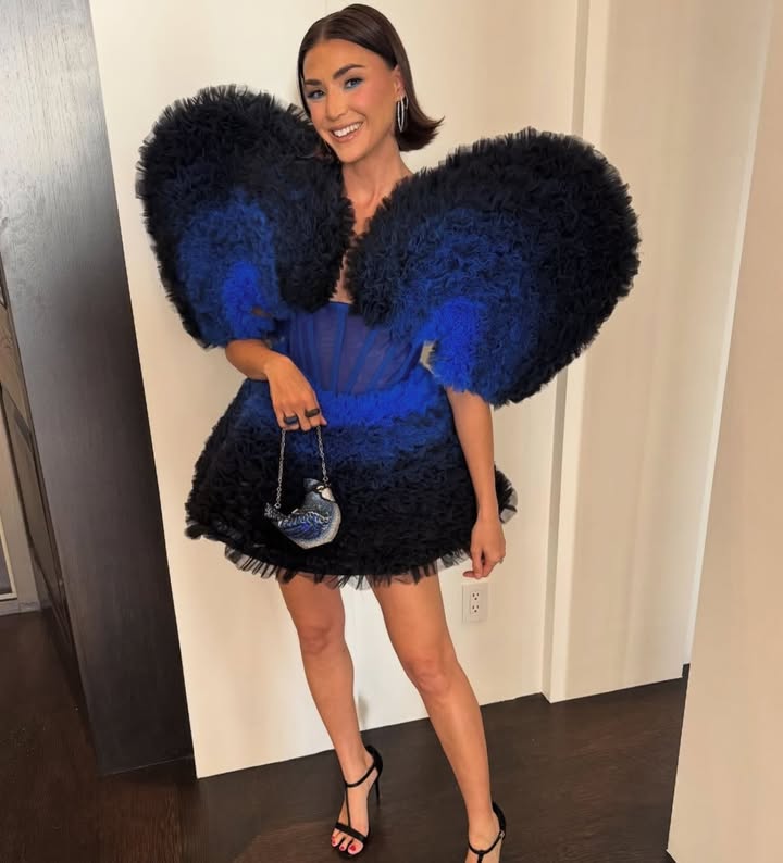 May be an image of dress and text