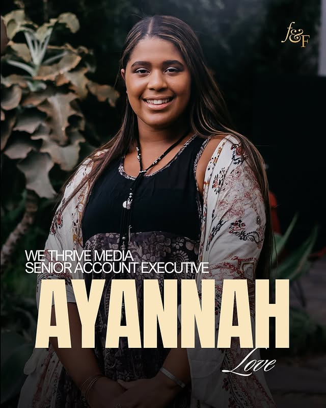 May be a graphic of one or more people, people smiling, poster, magazine and text that says '្រៃ WE WETHRIVEMEDIA THRIVE MEDIA SENIOR ACCOUNT EXECUTIVE AYANNAH Love'