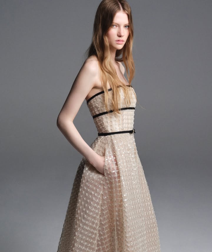 May be an image of dress, gown and text