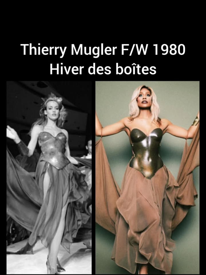 May be an image of costume, magazine and text that says 'Thierry Mugler F/W 1980 Hiver des boîtes'