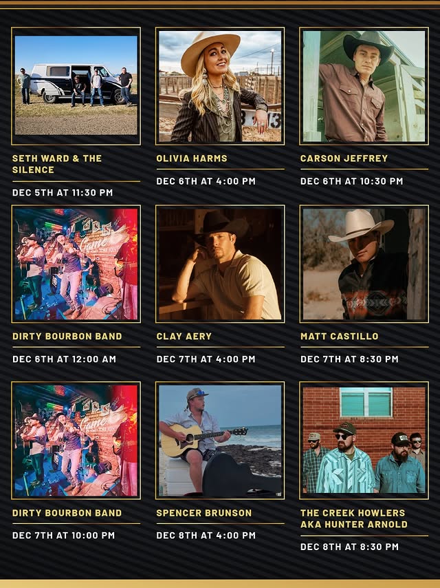 May be an image of magazine, calendar, poster, banjo and text that says 'SETH WARD & SETHWARD&THE TH SILENCE OLIVIAHARMS OLIVIA HARMS DEC 5TH AT 11：30 DEC5THAT11:30PM PM DEC E4:00 6tH AT 4:00 PM CARSON CARSONJEFFREY JEFFREY DEC 6TH DEC6THAT10:30PM AT 10：30 PM DIRTY BOURBON BAND DEC 6TH 12:0 AT 12：00 AM CLAY CLAYAERY AERY DEC 7TH DEC7THAT4:00PM AT 4:00 PM MATT MATTCASTILLO CASTILLO DEC 7TH AT DEC7THAT8:30PM 8:30 PM DIRTY DIRTYBOURBONBAND BOURBON BAND DEC 7TH AT 10:00 PM SPENCER BRUNSON DEC 8TH AT 4:00 PM THE CREEK HOWL HECREEKHOWLERS ERS AKA HUNTER ARNOLD DEC 8TH AT 8:30 PM'