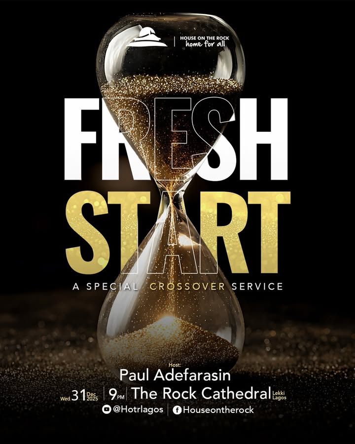 May be a graphic of poster, magazine and text that says 'HOUSE O ONTHE TH ROCK nome for H all FR FRESH STRT RT ST A ASPECIAL/.CROSSOVERSERVICE SPECIAL CROSSOV.E.R SERVICE d319825 3 Host: Paul Adefarasin 9PM PM The Rock Cathedral Lekki Lagos @Hotrlagos Houseontherock'