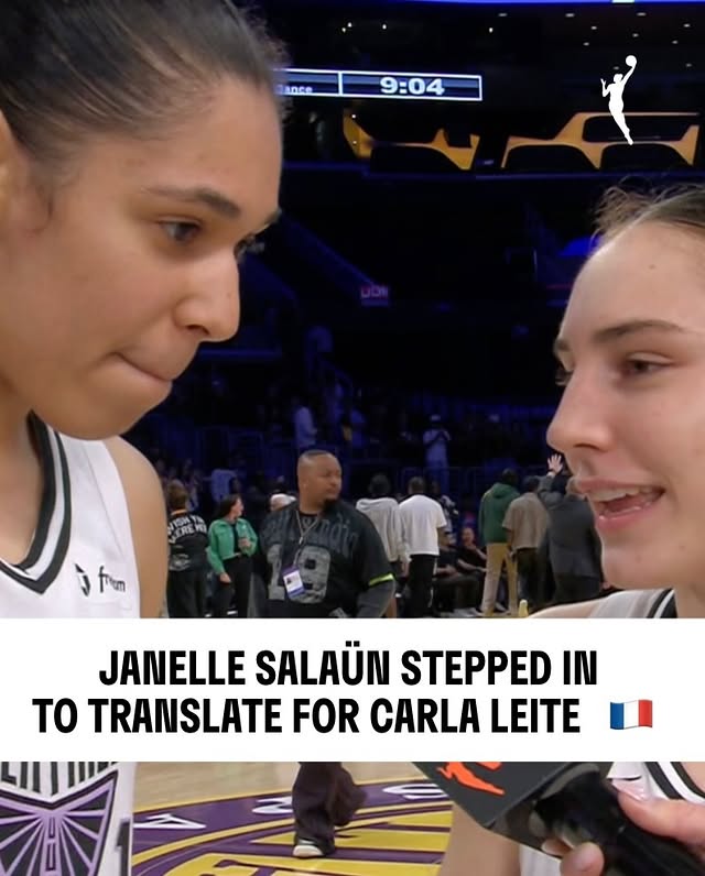 May be an image of one or more people, people playing basketball and text that says 'a0ce 9:04 ン fm JANELLE SALAÜN STEPPED IN to TRANSLATE FOR CARLA LEITE'