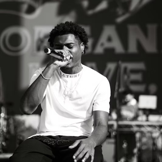 May be a black-and-white image of microphone, concert and text that says 'ATURE'