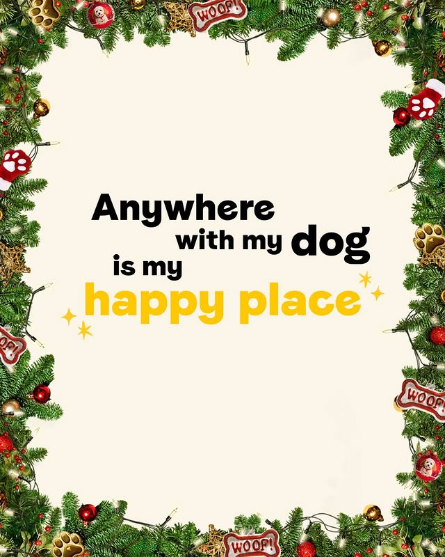 A text graphic reads 'Anywhere with my dog is my happy place' and there are some sparkles next to the text. The border of the image looks like a wreath with little paw prints, baubles and treats scattered in it.