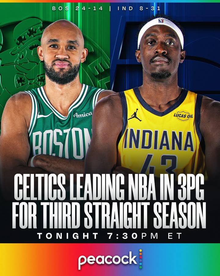 May be an image of basketball, poster, ball and text that says 'BOS24-14 BOS24-14|IND8-31 BOS 24-14 IND 8 1 S A LUCAS LUCASOIL OIL INDIANA Amica ብናዶ CELTICS LEADING NBA IN 3C FOR THIRD STRAIGHT SEASON TONIGHT 7:30PM 7 ET peacock'
