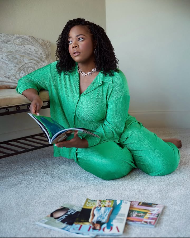 May be an image of one or more people, makeup, sleepwear, magazine, jumpsuit and text