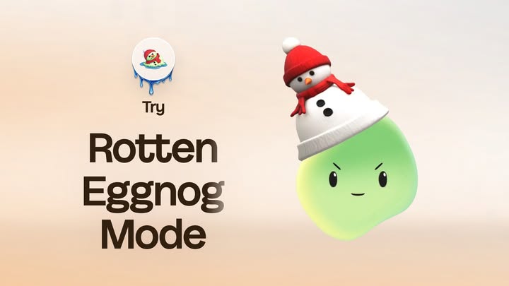 Green Rotten Eggnog Mico with a snowman hat on a cream background with the headline ‘Try Rotten Eggnog Mode.'​