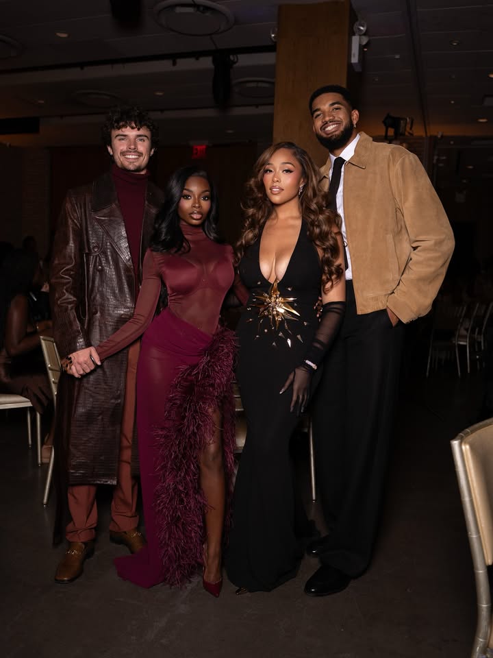 May be an image of one or more people, makeup, dinner jacket, gown, dress, halter top and text