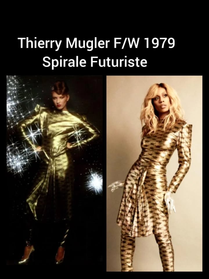 May be an image of dress, magazine and text that says 'Thierry Mugler F/W 1979 Spirale Futuriste'