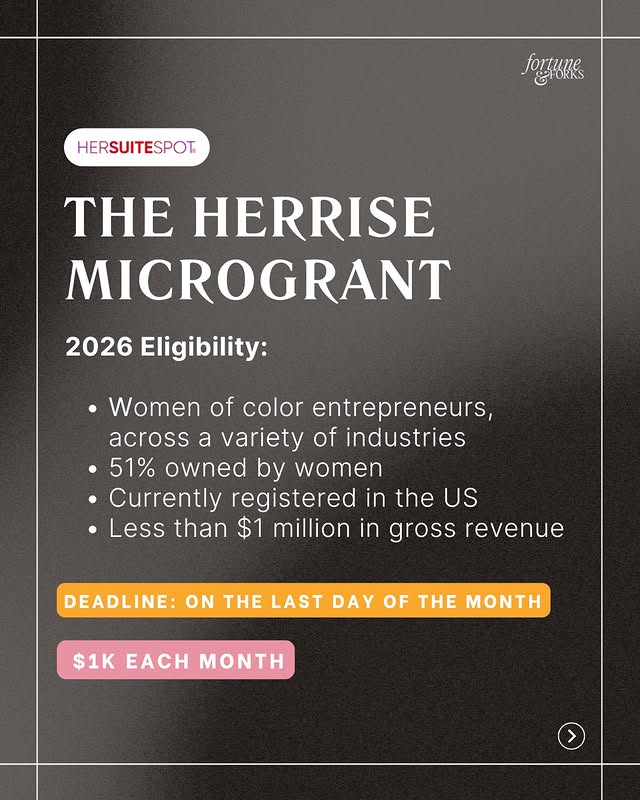 May be a graphic of card, magazine, poster and text that says 'HERSUITESPOT 3oAиHTe EFORKS THE HERRISE MICROGRANT 2026 Eligibility: Women of color entrepreneurs, across a variety of industries 51% owned by women •Currently registered in the US Less than $1 million in gross revenue DEADLINE: ON THE LAST DAY OF THE MONTH $1K EACH MONTH'