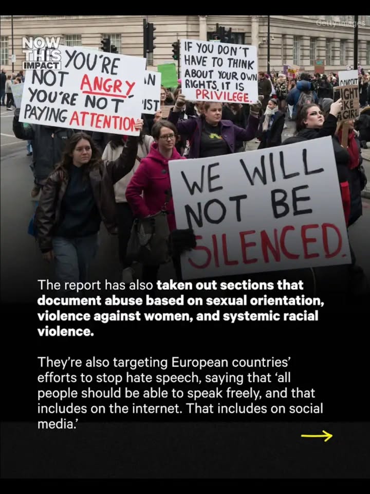 May be an image of one or more people, people standing, poster, banner and text that says 'NOW THIS MPACT YOU'RE NOT YOU'RE NOT ANGRY IN PAYING ATTENTION IST IF YOU DON'T DON' HAVE TO THINK ABOUT YOUR YOUROWN OWN RIGHTS IT IS PRIVILEGE. WE WILL NOT BE The report has also taken out sections that document abuse based on sexual orientation, violence against women, and systemic racial violence. They're also targeting European countries' efforts to stop hate speech, saying that 'all people should be able to speak freely, and that includes on the internet. That includes on social media.''