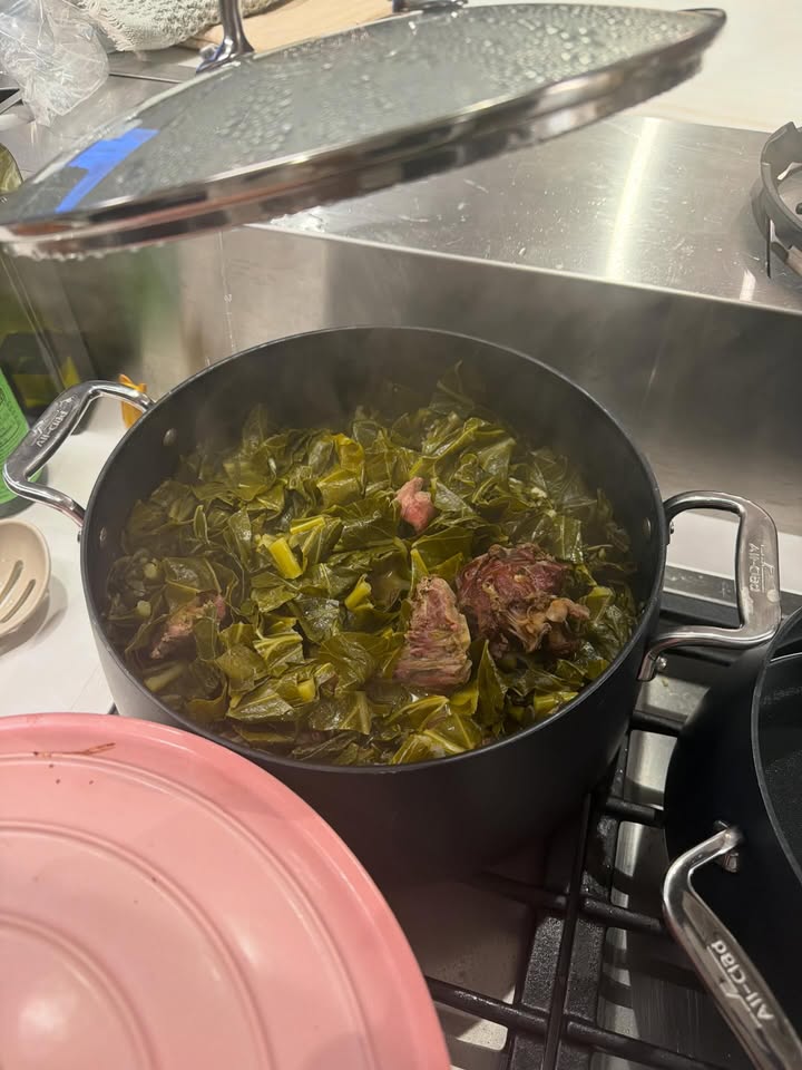 May be an image of collard greens, grits, pot and text
