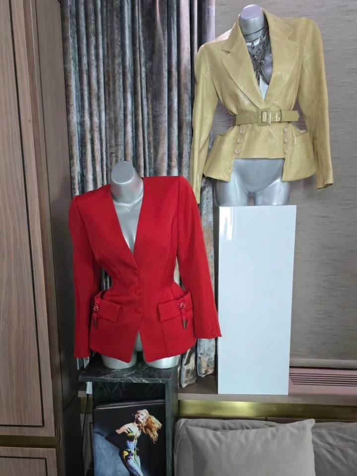 May be an image of coat, blazer, suit, mannequin and text